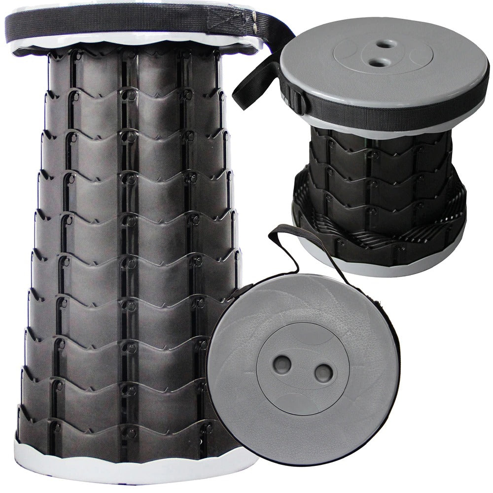 "Udtrækkelig skammel i nylon, justerbar 44 cm, letvægt 0,9 kg, sort, blå, gul, rød, grå, perfekt til udendørs brug."