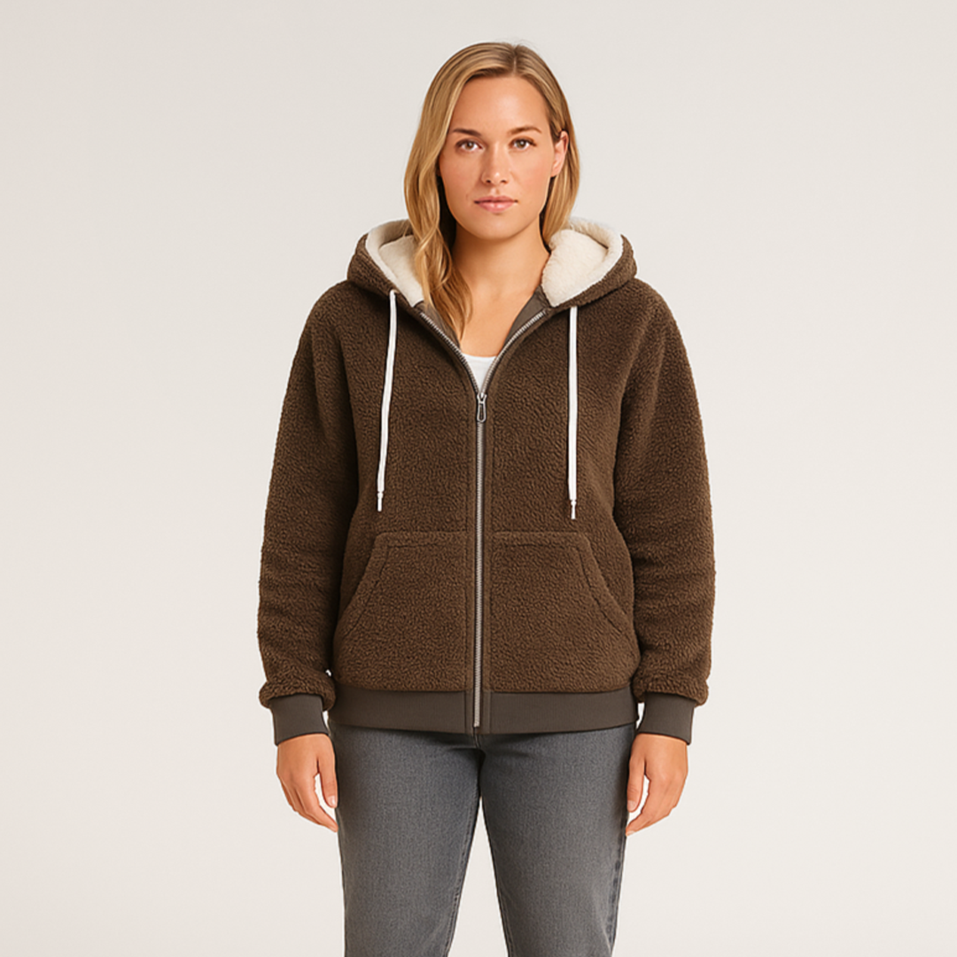 "Ultra blød teddy fleecejakke til damer i grå, oversized pasform, stilfuld og komfortabel med praktiske sidelommer."