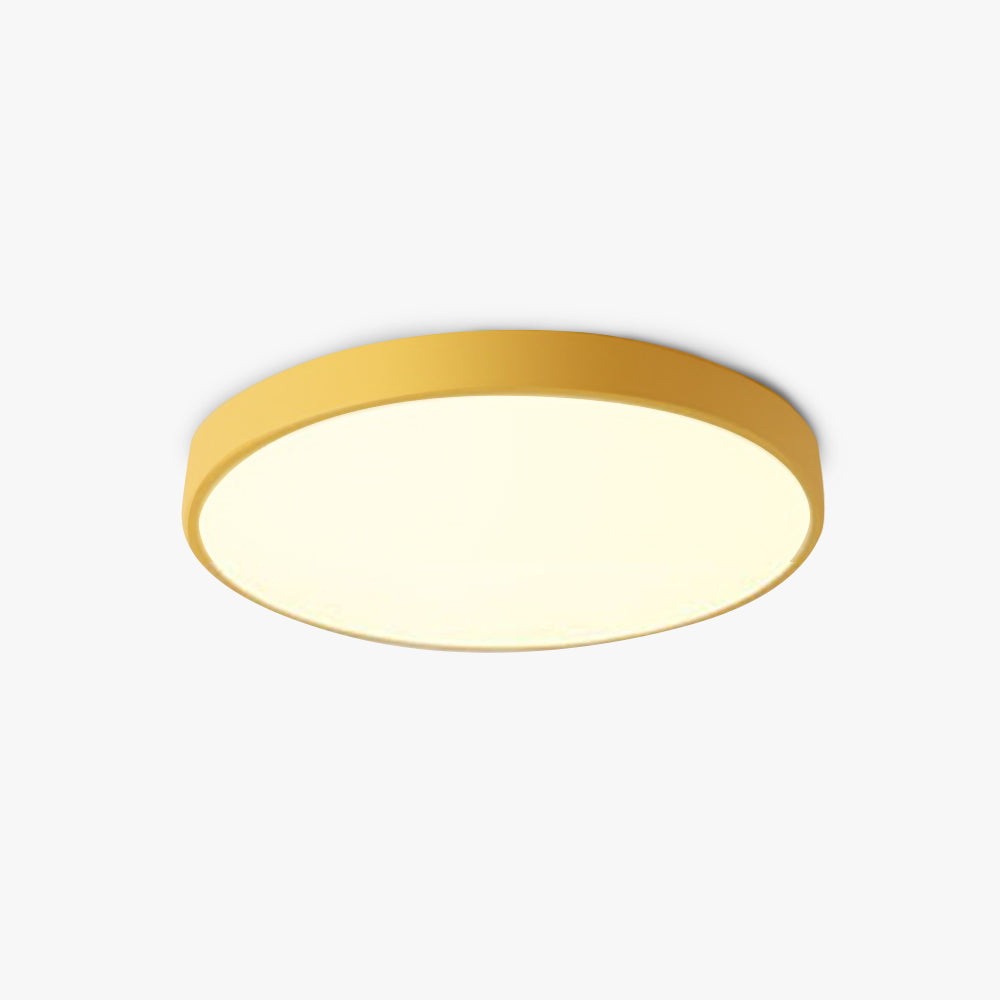 "Ultra-flad LED loftlampe i pastelfarver, elegant design, blødt lys, flere størrelser, velegnet til moderne interiør."
