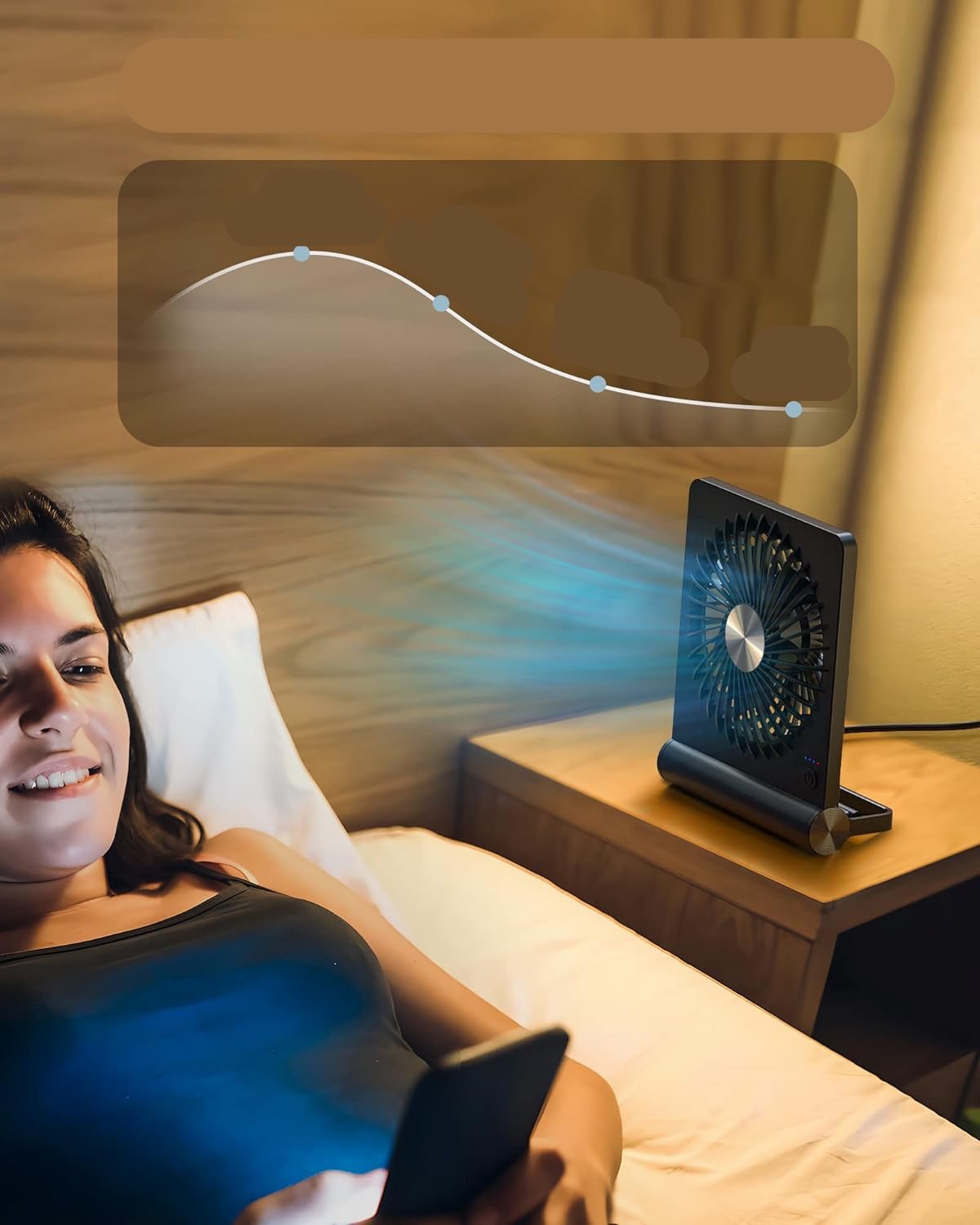 "Ultra-stille kompakt bordventilator, hvid, moderne design, perfekt til kontor eller soveværelse, effektiv luftcirkulation."