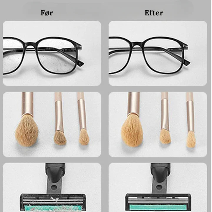 "Ultralydsrens til briller med højfrekvensteknologi, kompakt design, effektiv i 3 min, renser fedt og støv grundigt."