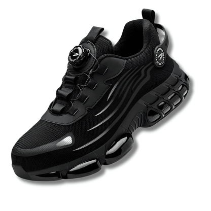 "Unisex letvægts sikkerhedssko uden snørebånd, sorte med skridsikker sål og ståltåkappe, moderne arbejdssko"