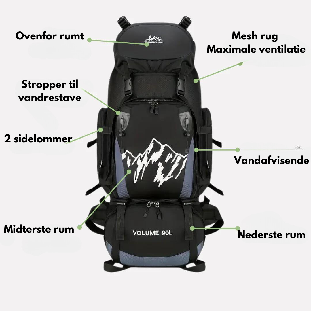 Vandtæt 90L rygsæk til udendørs eventyr i grøn, rød eller sort. Robust design med komfortable remme og flere rum.