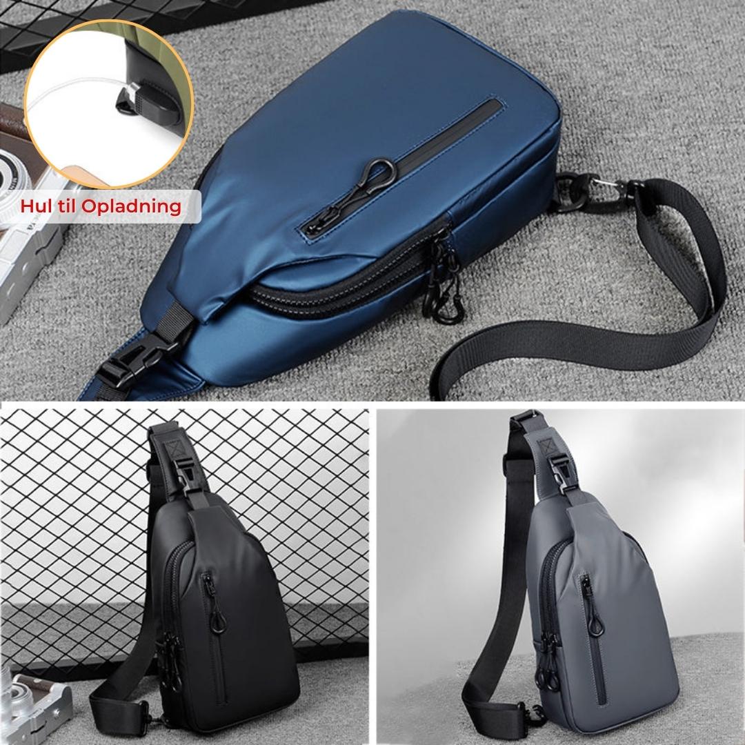 "Vandtæt AquaCharge Explorer-taske med justerbar rem, USB-opladningspunkt, og multirumssystem til mænds tilbehør."