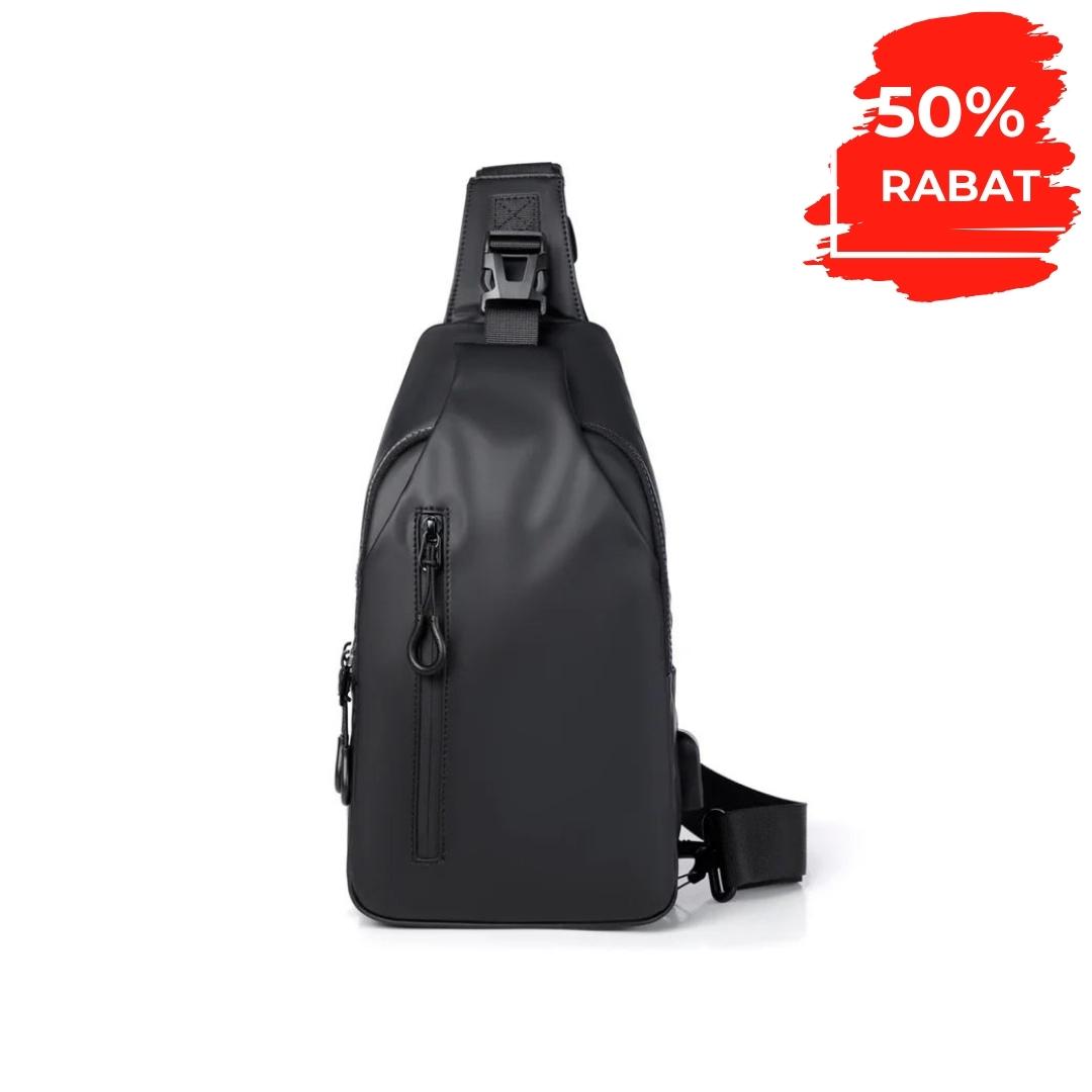 "Vandtæt AquaCharge Explorer-taske med justerbar rem, USB-opladningspunkt, og multirumssystem til mænds tilbehør."