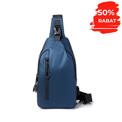 "Vandtæt AquaCharge Explorer-taske med justerbar rem, USB-opladningspunkt, og multirumssystem til mænds tilbehør."