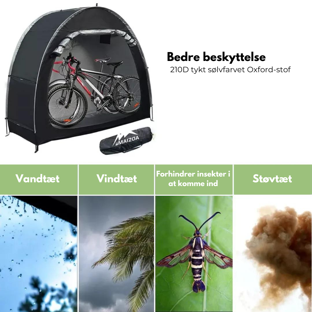 "Vandtæt cykeltelt til 2 cykler, robust 210D stof, anti-rynke, kompakt pladsbesparende design, fuld lynlåslukning."