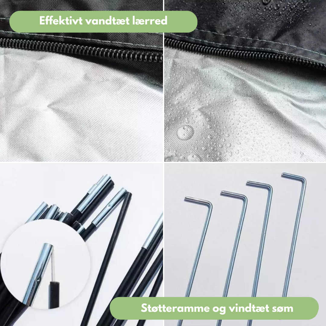 "Vandtæt cykeltelt til 2 cykler, robust 210D stof, anti-rynke, kompakt pladsbesparende design, fuld lynlåslukning."