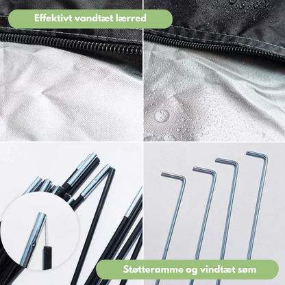 "Vandtæt cykeltelt til 2 cykler, robust 210D stof, anti-rynke, kompakt pladsbesparende design, fuld lynlåslukning."