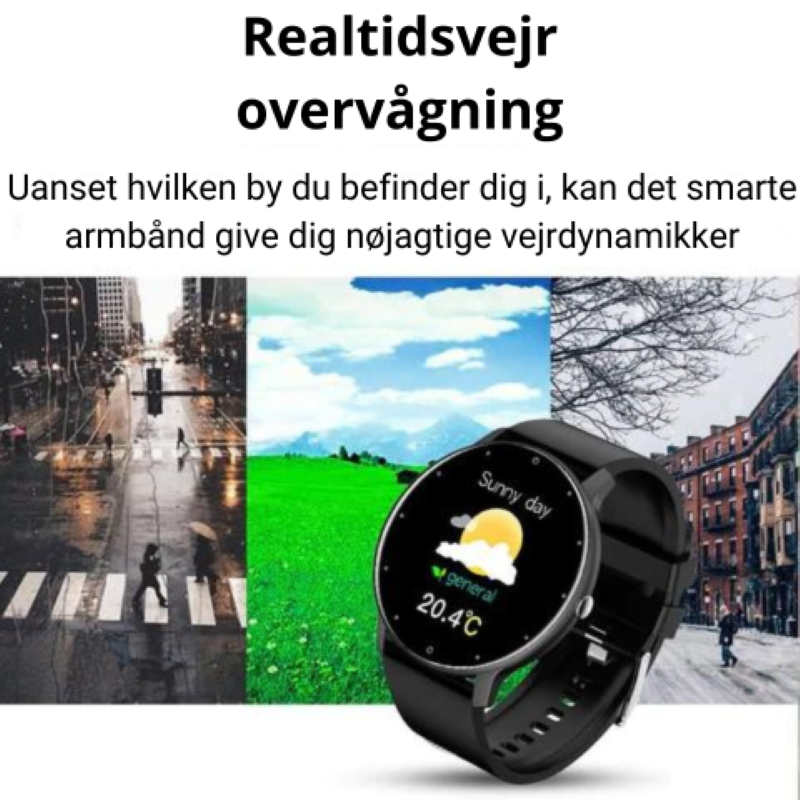 "Vandtæt SmartWatch med justerbar sportsrem, IP67 klassificeret. Forbundet til Android/iOS. Holdbar og stilfuld til aktive li