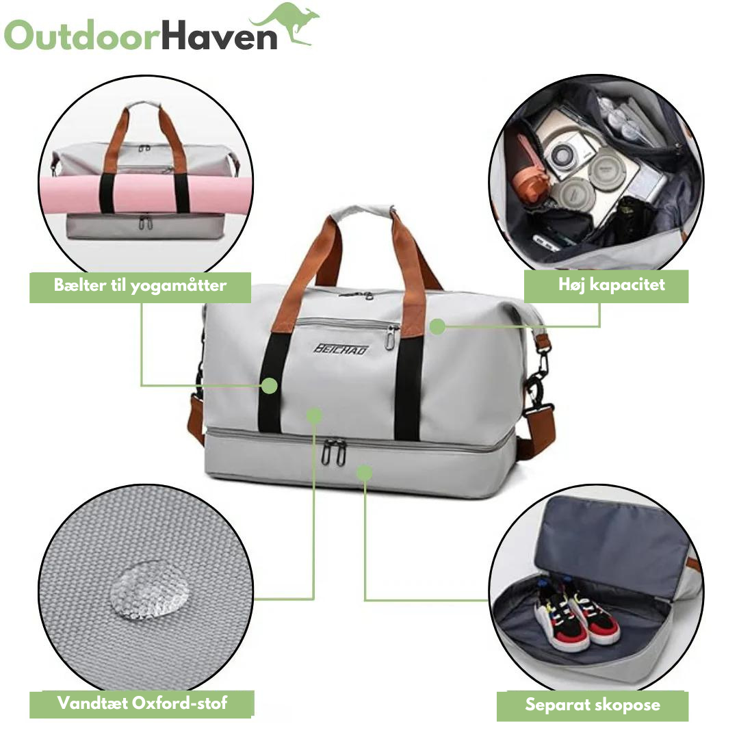 "Vandtæt sportstaske i sort med rummelig indretning, separat sko- og våd-rum, ideel til rejse og sport."