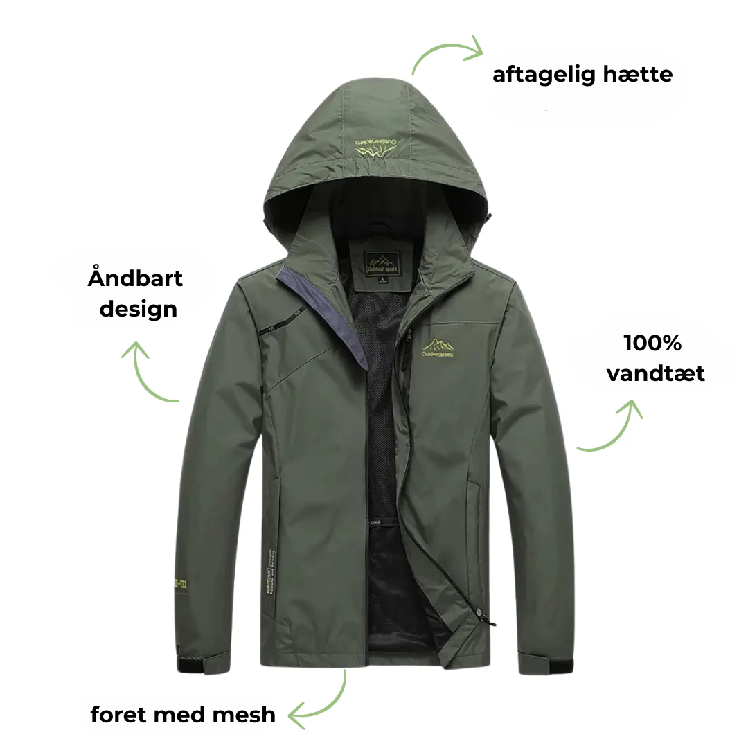 "Vandtæt vindjakke til kvinder, blå farve, med aftagelig hætte og justerbare manchetter, perfekt til udendørs brug."