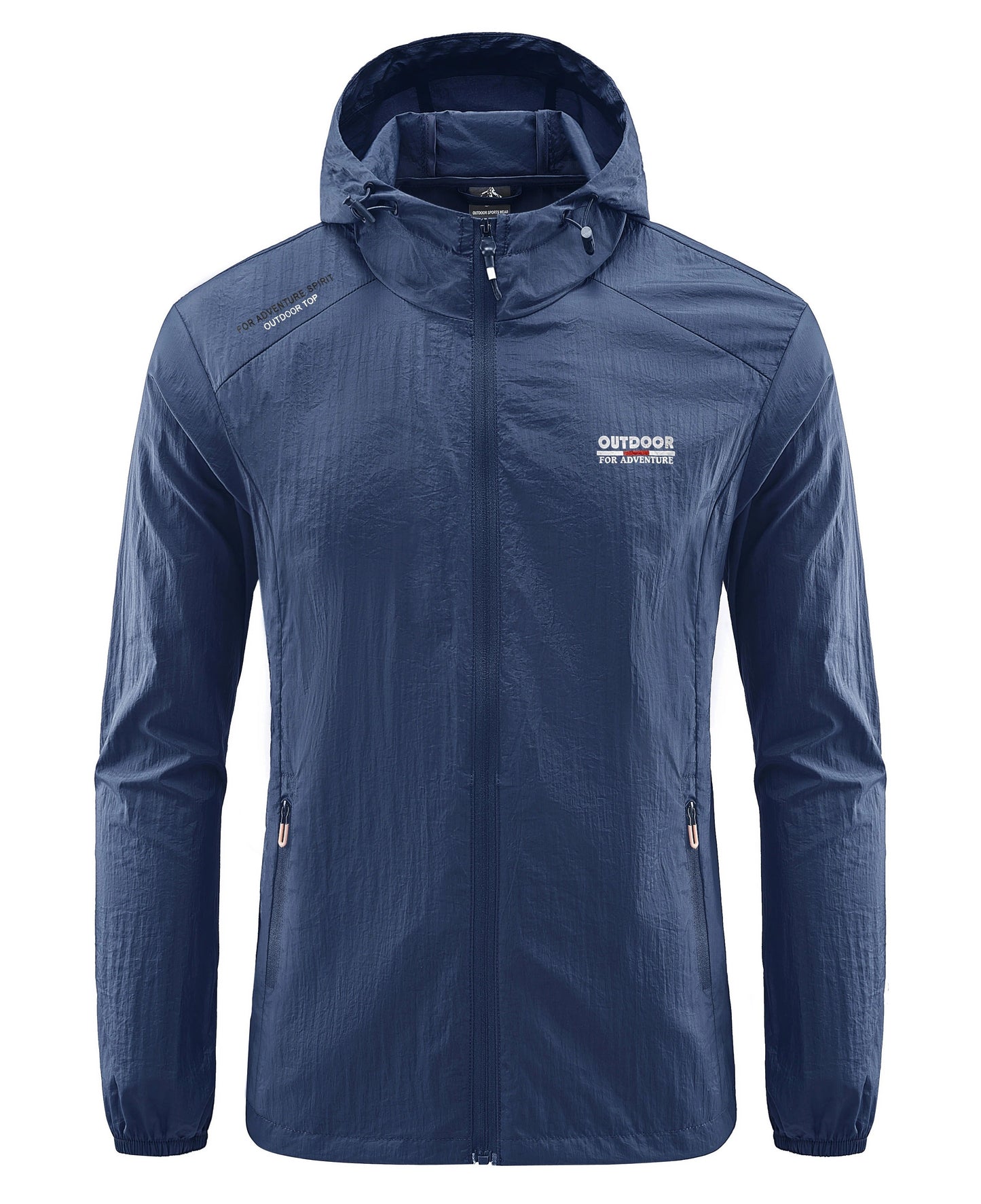 "Vandtæt vindtæt sommerjakke i lyseblå, unisex design, let og åndbar. Perfekt til udendørs sommeraktiviteter."