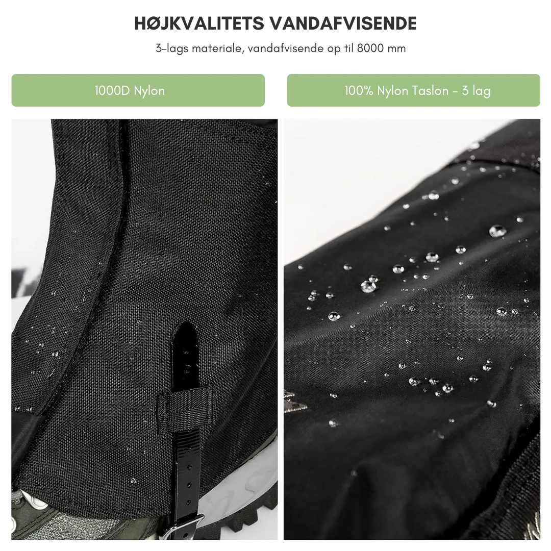 "Vandtætte, justerbare gamacher i sort polyester for optimal benbeskyttelse til udendørs eventyr i alle vejrforhold."