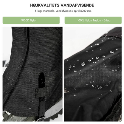 "Vandtætte, justerbare gamacher i sort polyester for optimal benbeskyttelse til udendørs eventyr i alle vejrforhold."